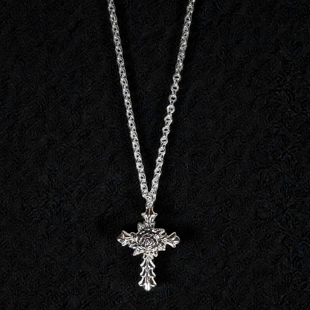 Bold Rose Silver Cross Charm Necklace  New Age Grunge 1990s Whimsygoth 14"-18" L - Picture 4 of 11